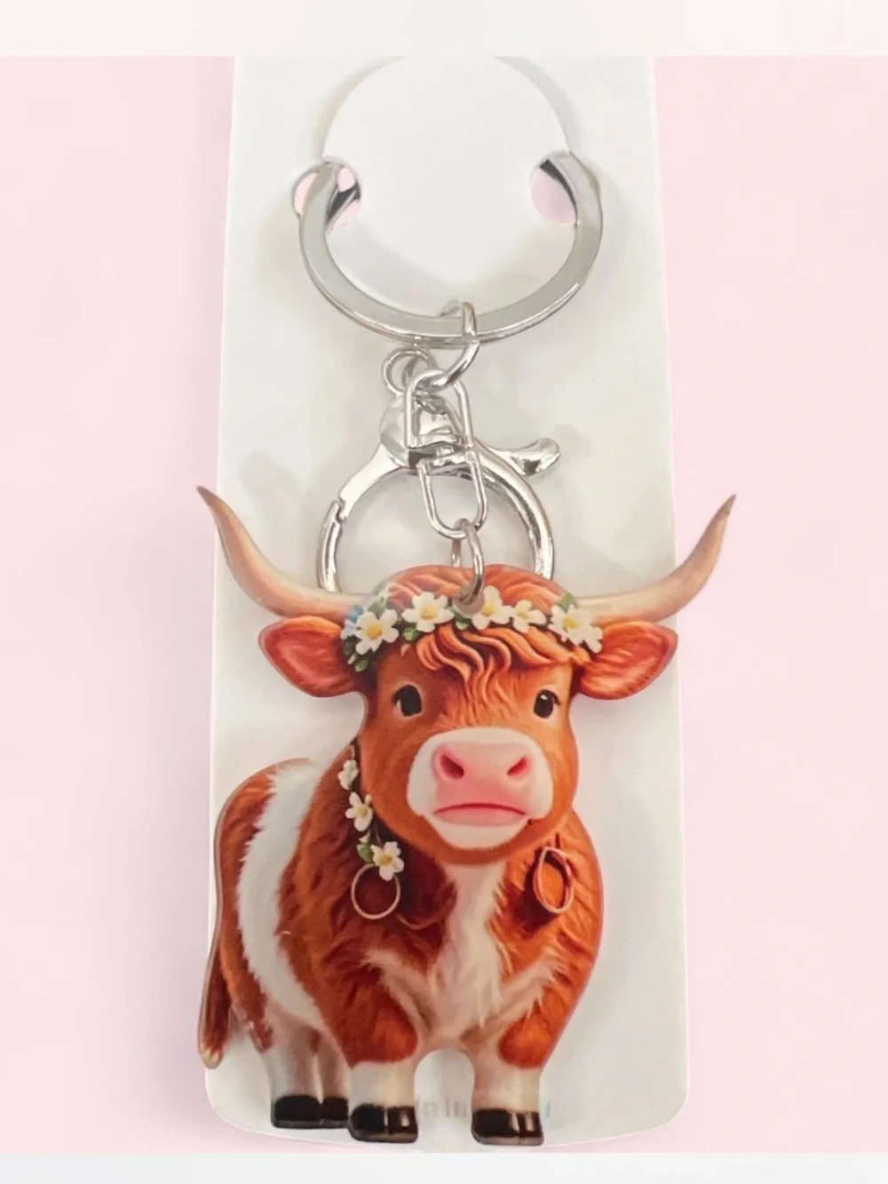 Cute Brown Highland Cow Floral Keychain - Bag Charm Women Accessories